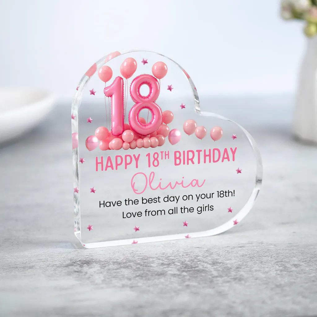 Personalised Pink 18th Birthday Balloon Gift Heart Plaque