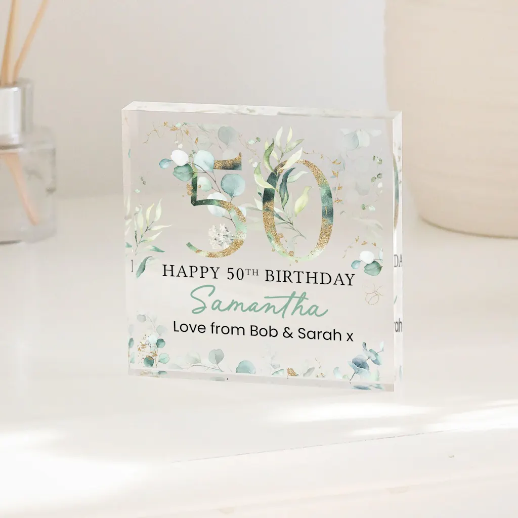 Personalised Green Floral Happy 50th Birthday Gift Plaque