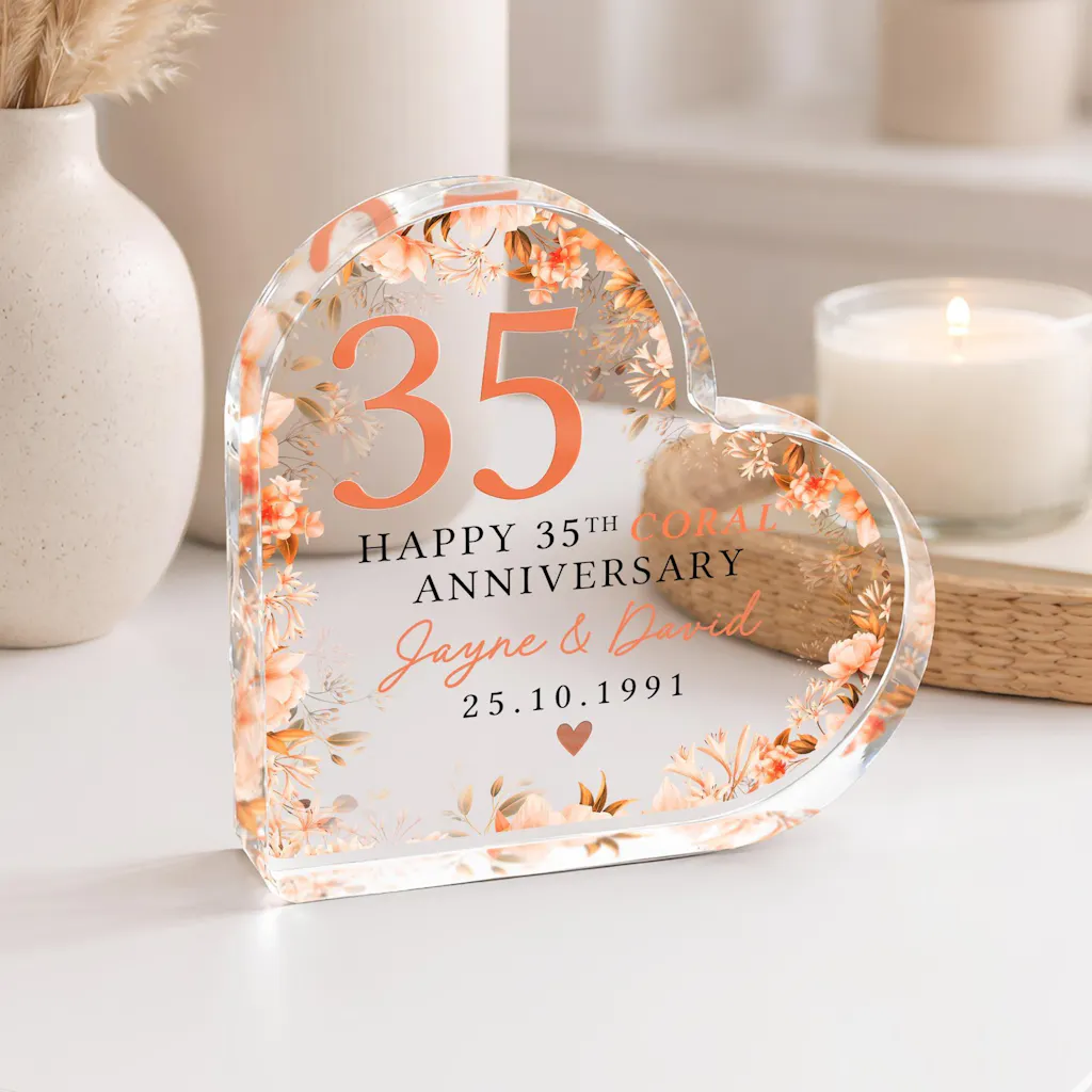 Personalised Coral 35th Anniversary Heart Plaque Block Gift