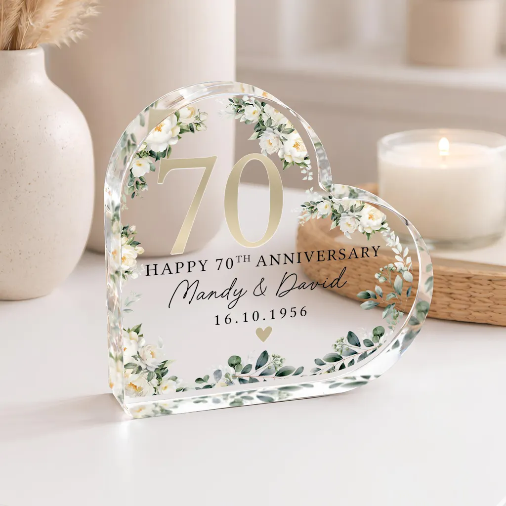Personalised Floral 70th Anniversary Gift - Platinum Anniversary Plaque
