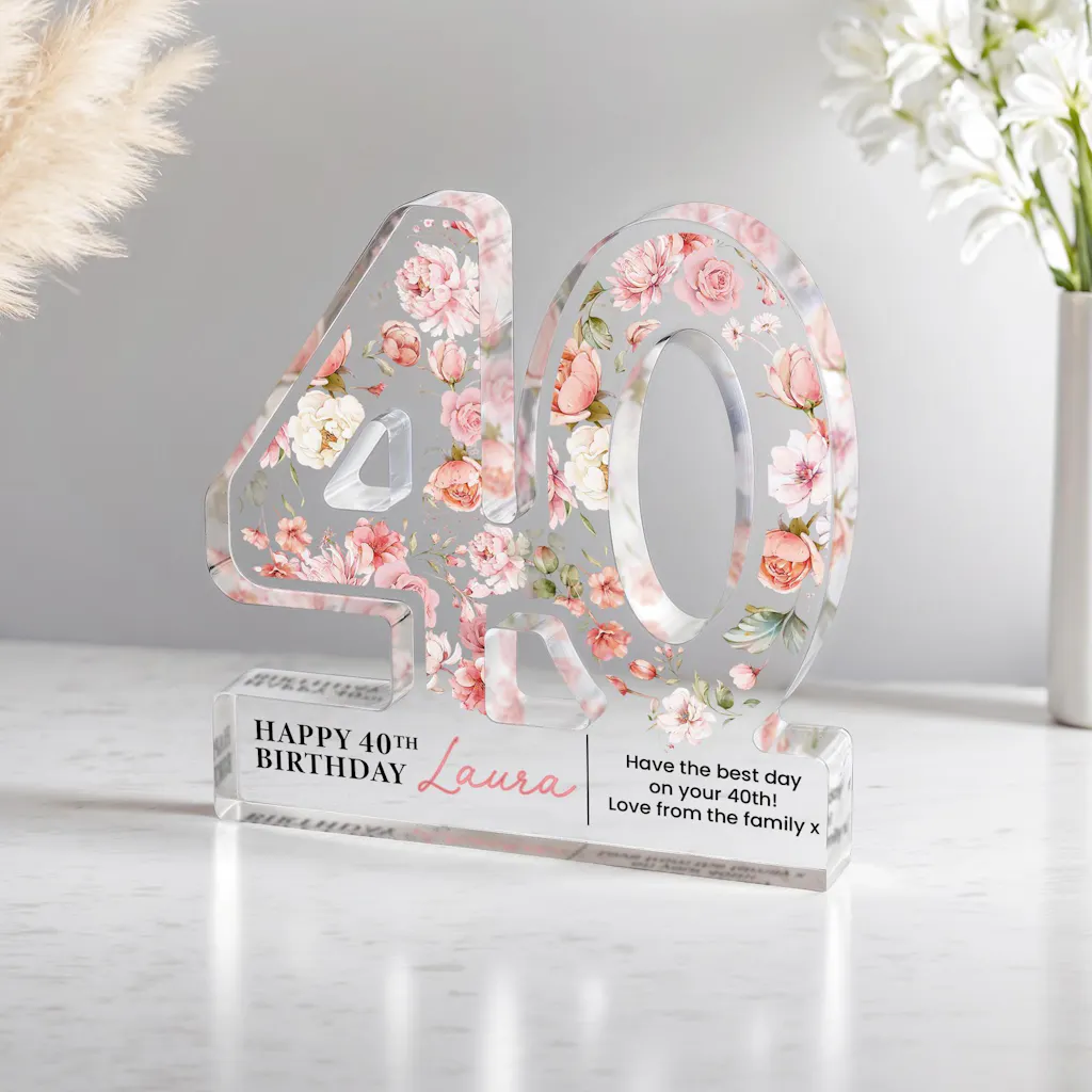 Personalised Pink Rose Happy 40th Birthday Heart Gift Plaque