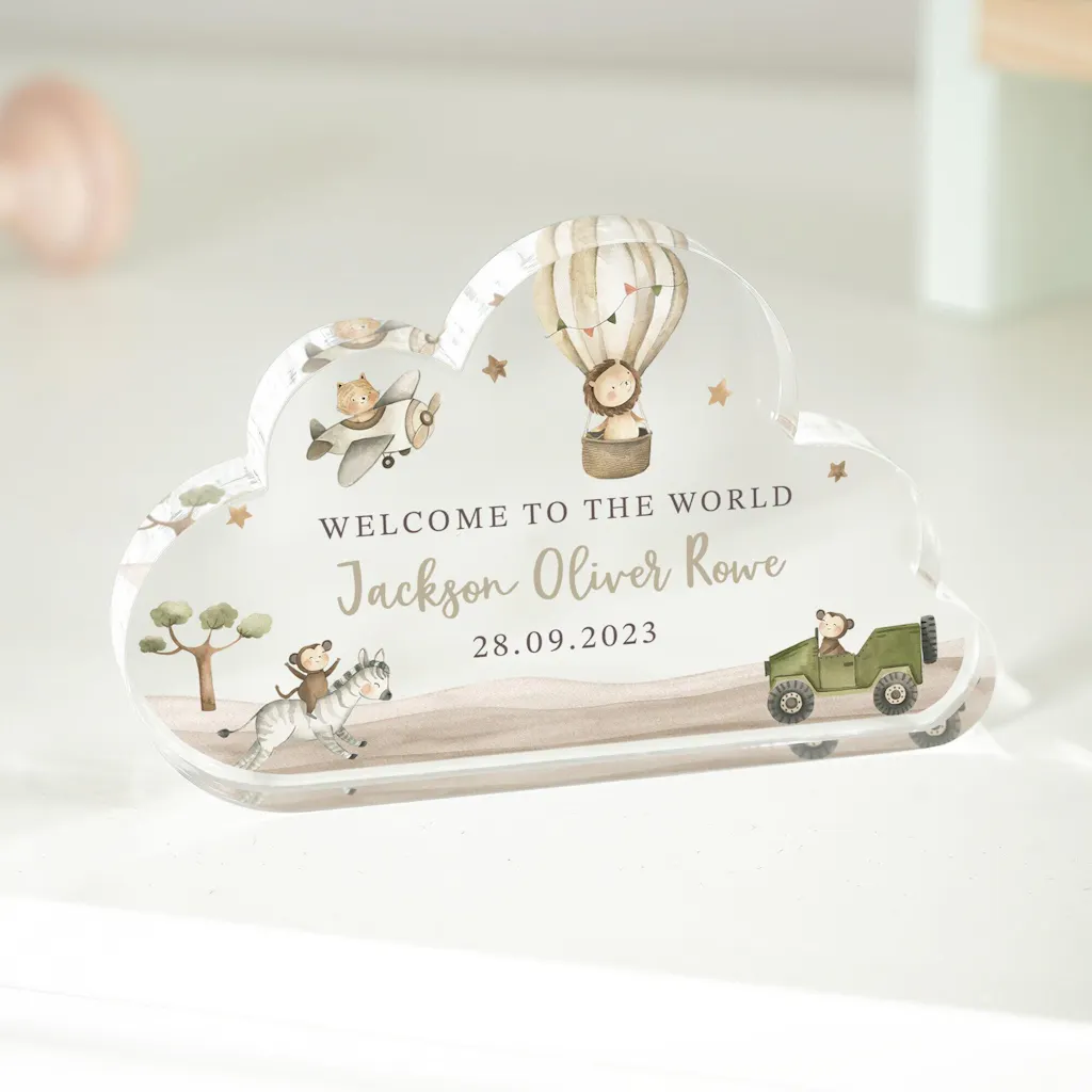 Personalised Safari Animals New Baby Cloud Plaque
