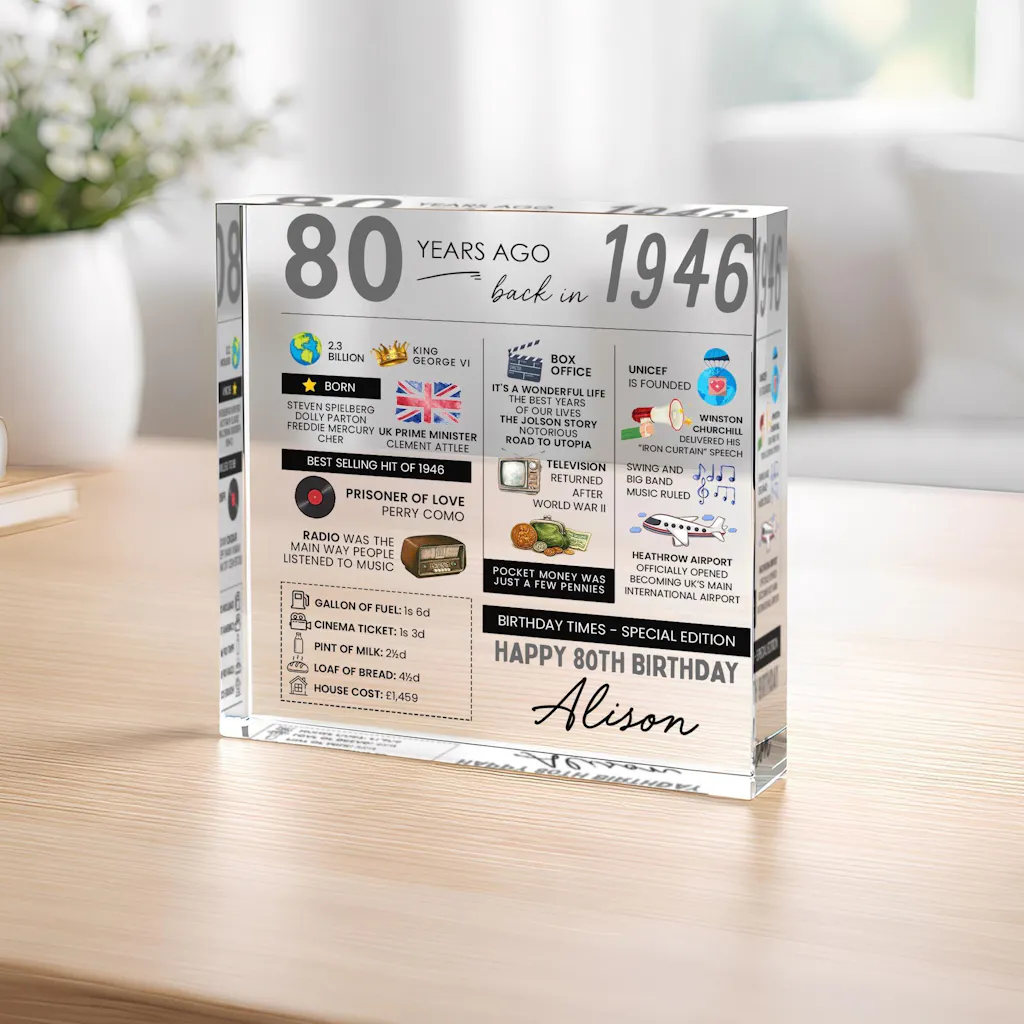 Personalised 80th Birthday Fun Facts Acrylic Plaque Born in 1946 Gift for Grandad Nan Grandma