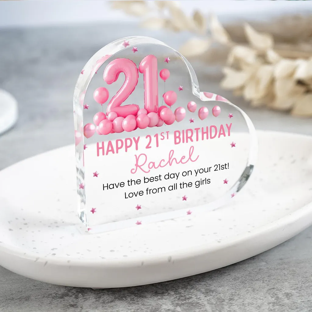 Personalised Pink 21st Birthday Balloon Gift Heart Plaque