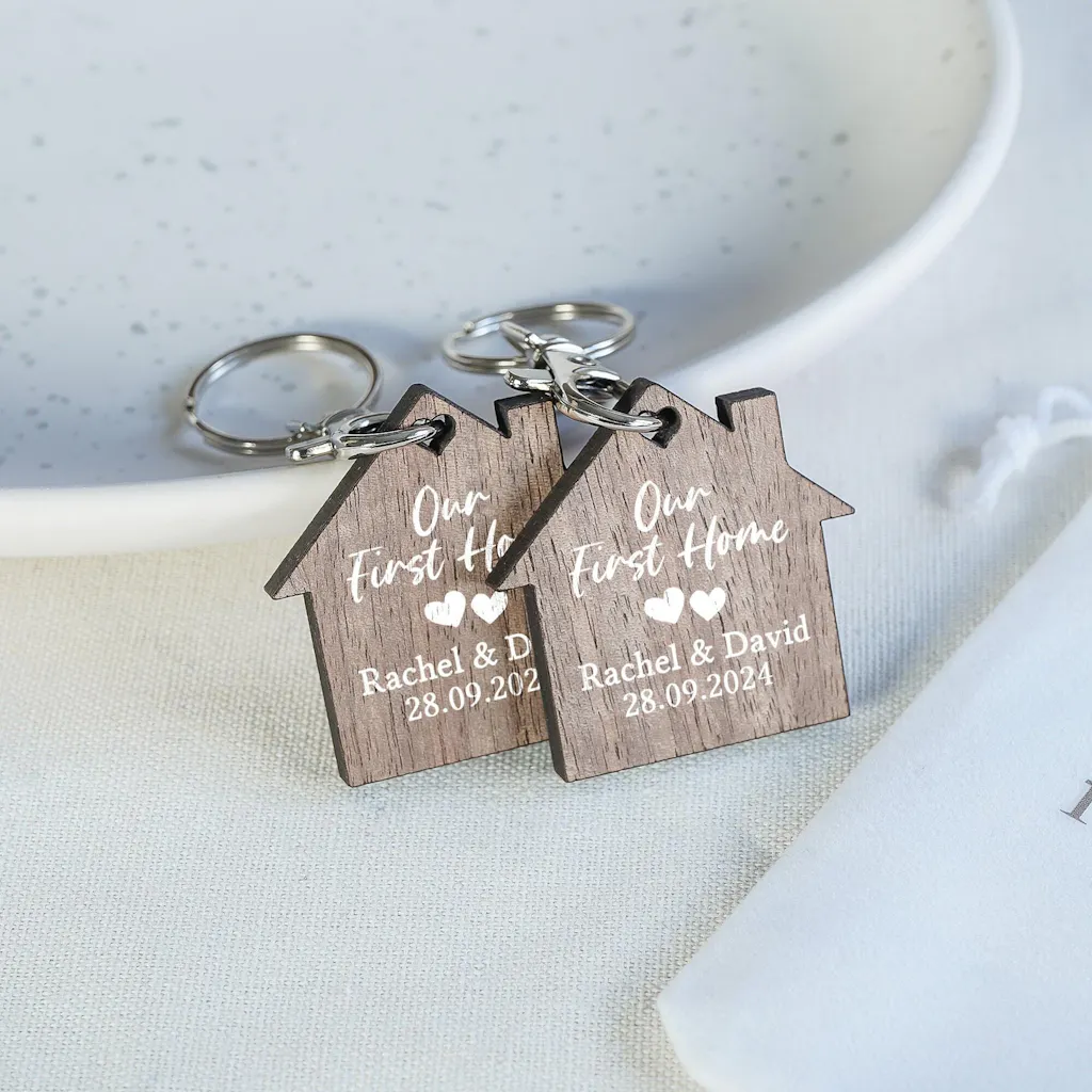 Personalised Natural Walnut Wood First Home Keyrings