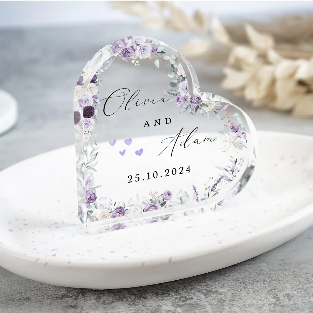 Personalised Purple Floral Wedding Engagement Heart Plaque Gift