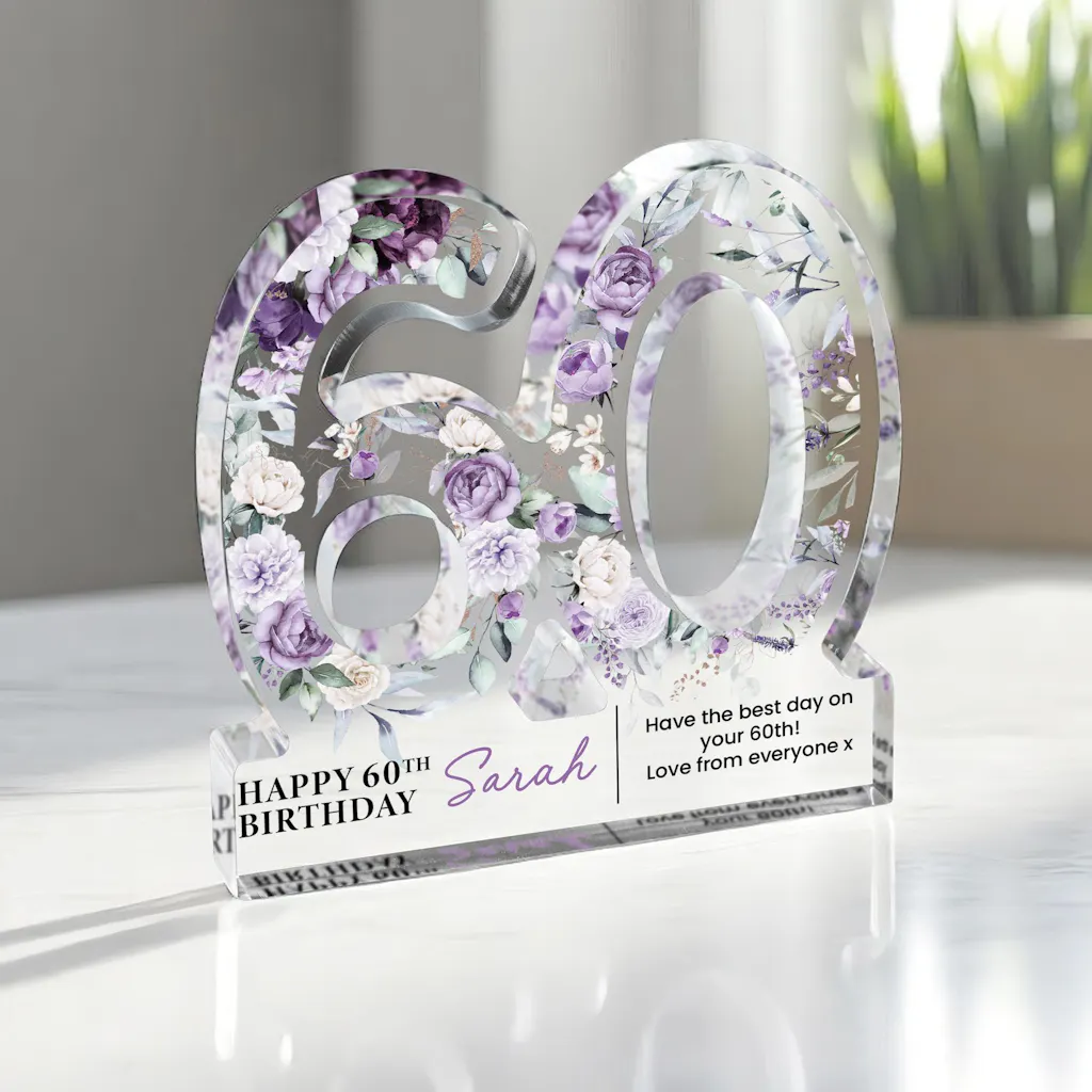 Personalised Lavender Floral Happy 60th Birthday Gift Plaque Freestanding Block