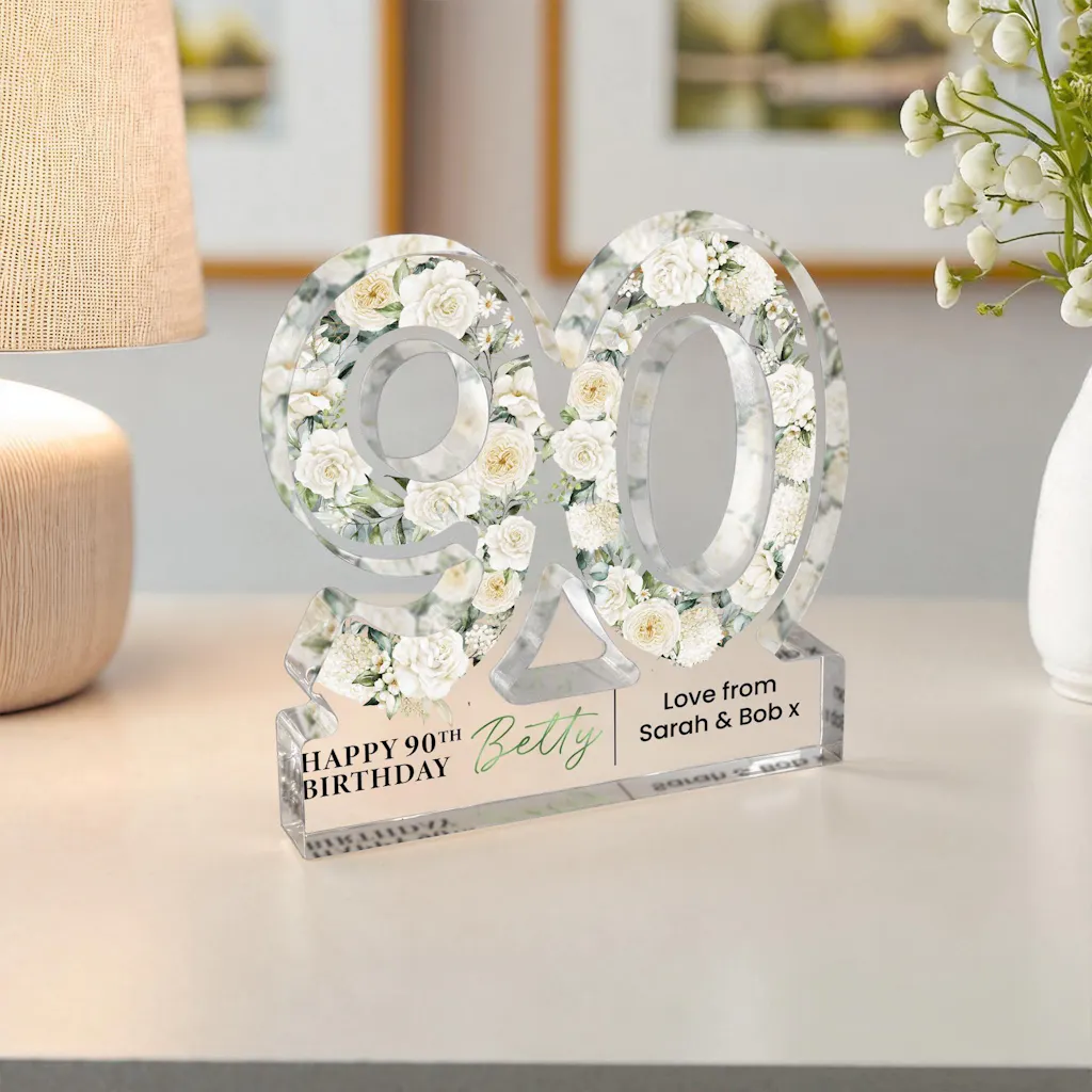 Personalised White Floral 90th Birthday Gift Plaque