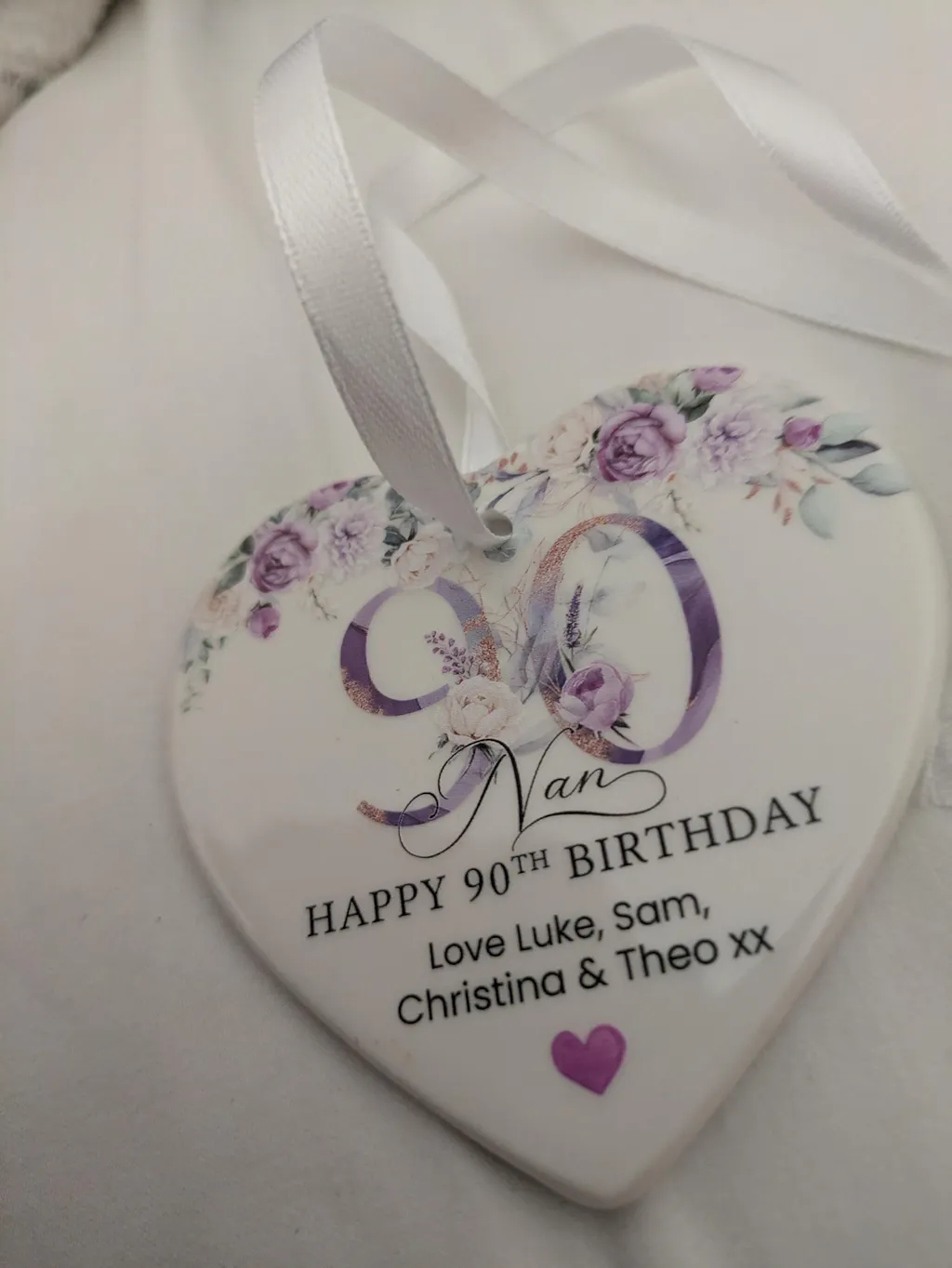 Personalised Purple Floral Happy 90th Birthday Heart Ceramic Keepsake
