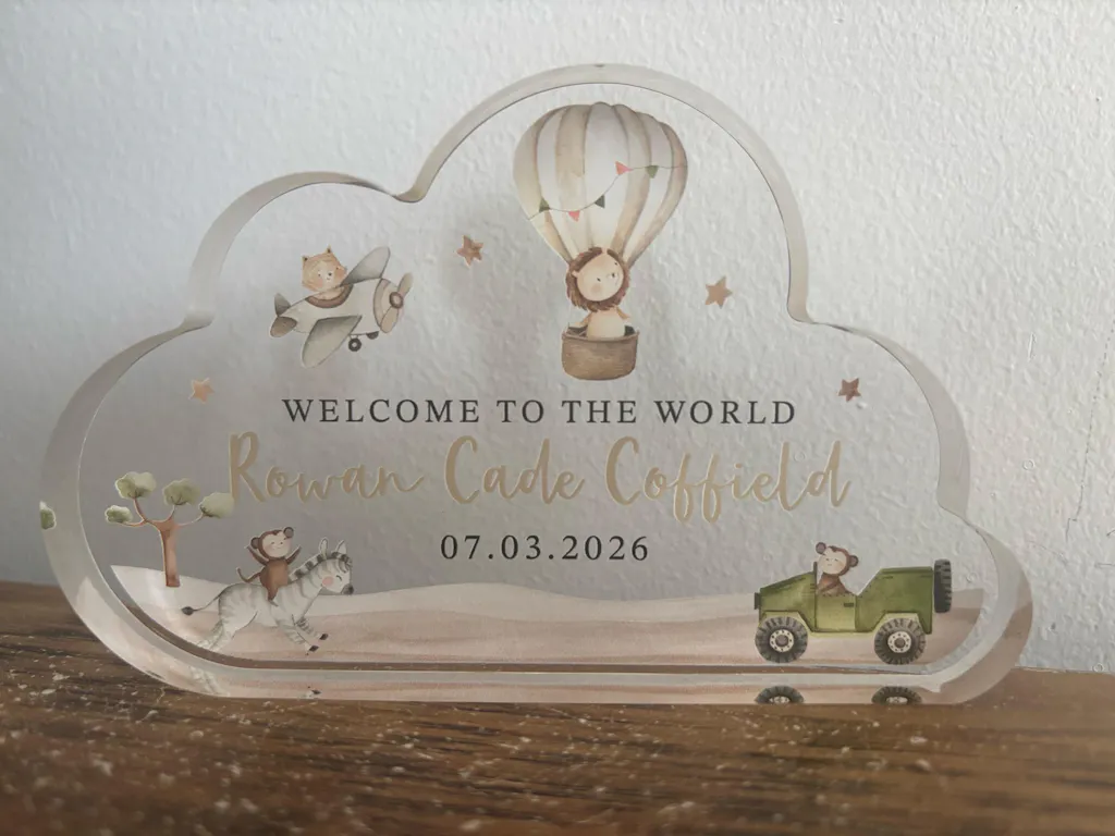 Personalised Safari Animals New Baby Cloud Plaque
