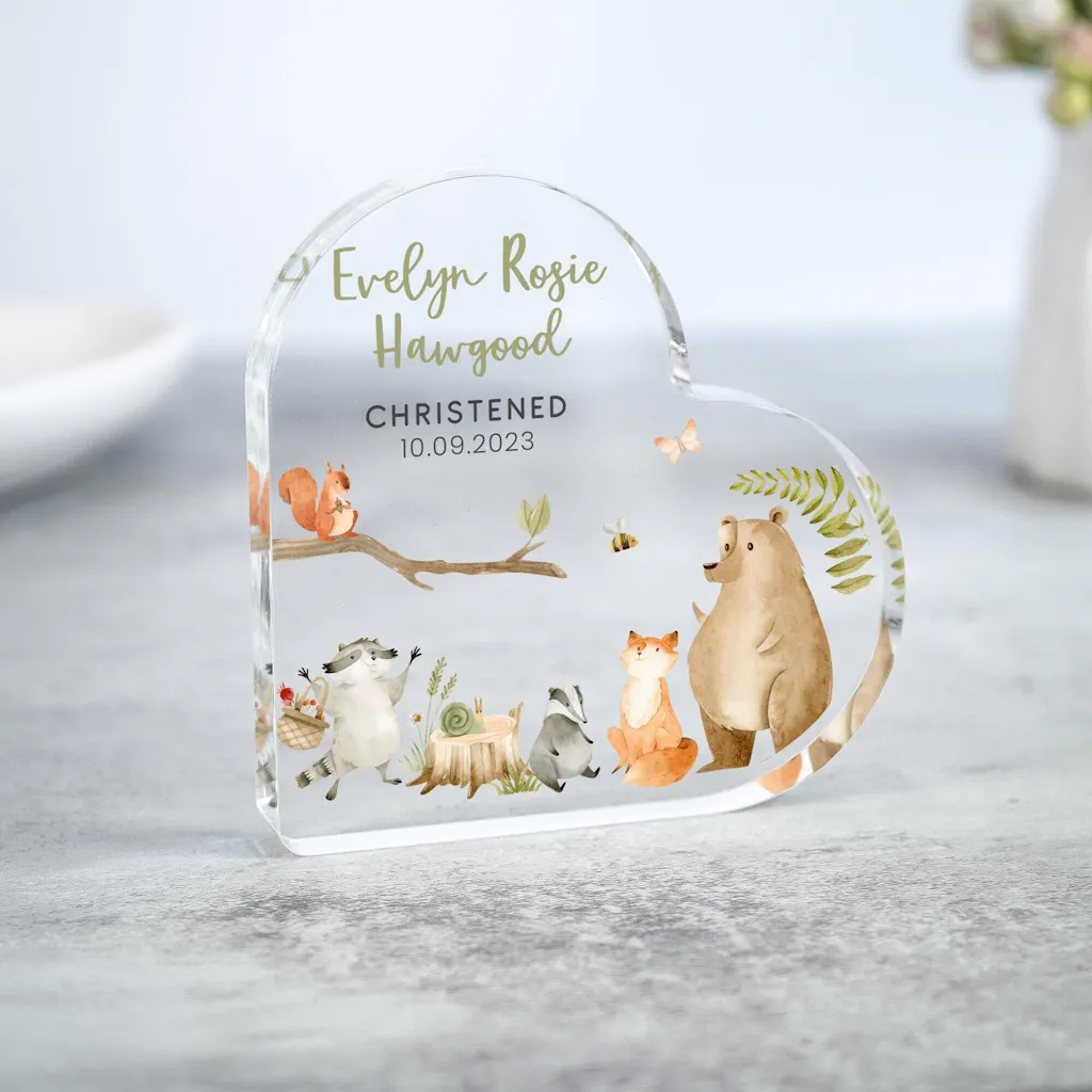 Personalised Christening Woodland Forest Animals Heart Plaque Gift