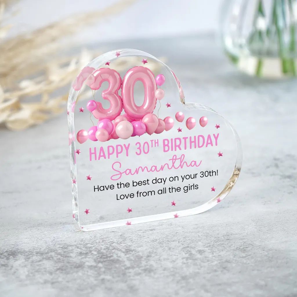 Personalised Pink 30th Birthday Balloon Gift Heart Plaque