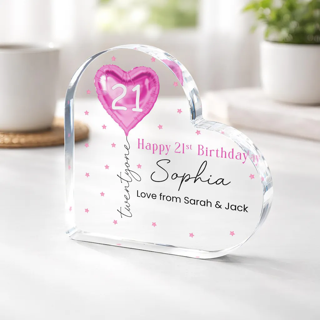 Personalised Pink Balloon 21st Birthday Gift Message Heart Plaque for Her
