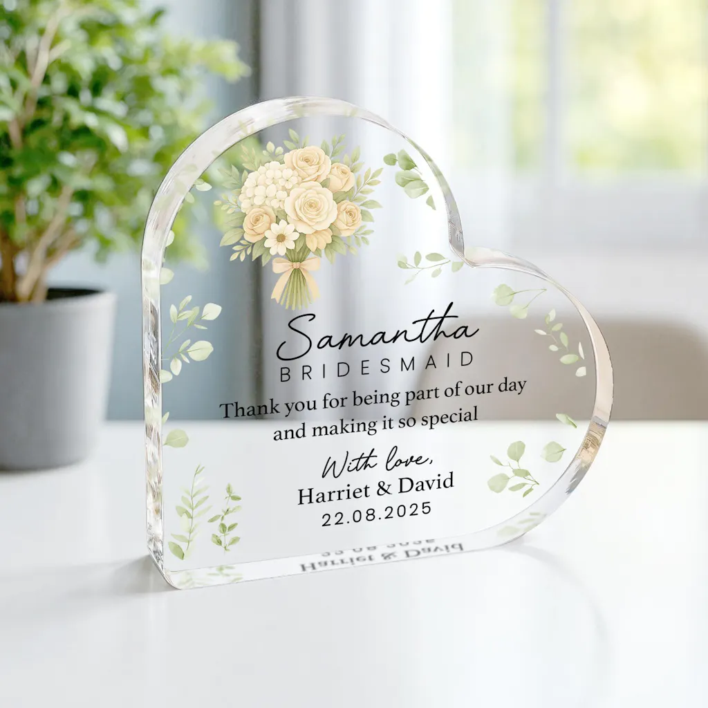 Personalised Bridesmaid, Maid of Honour, Flower Girl Thank You Heart Gift Plaque