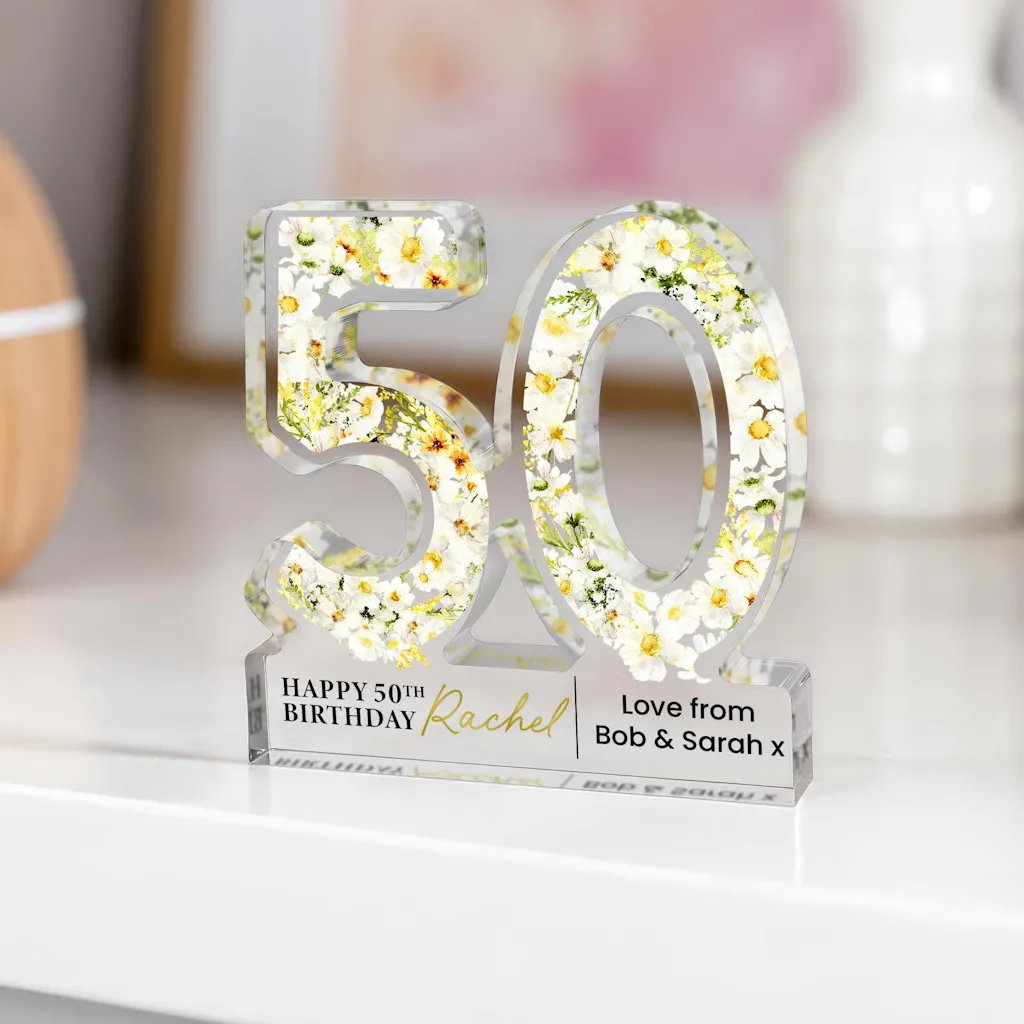 Personalised Clear Acrylic Freestanding 50th Birthday Gift Plaque - Daisy Print