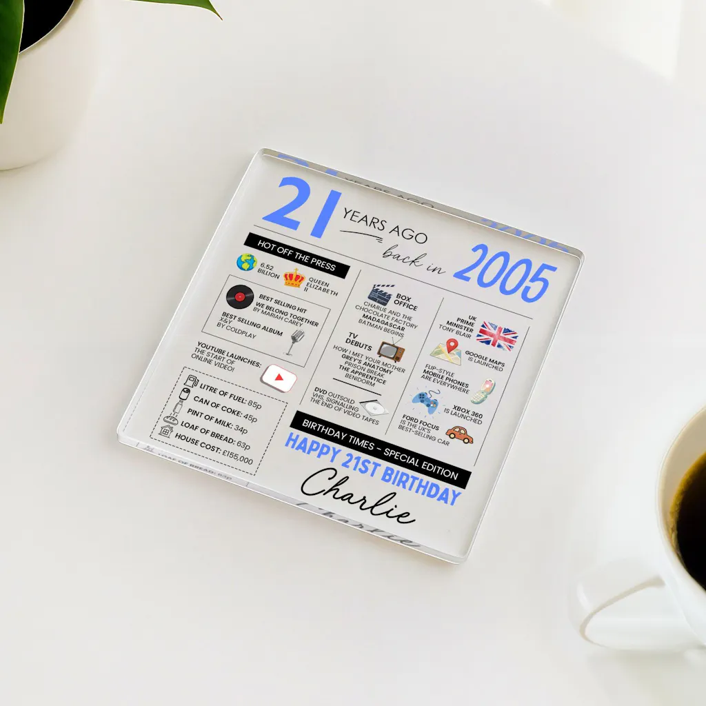 Personalised 21st Birthday Coaster 2005 Fun Facts Gift