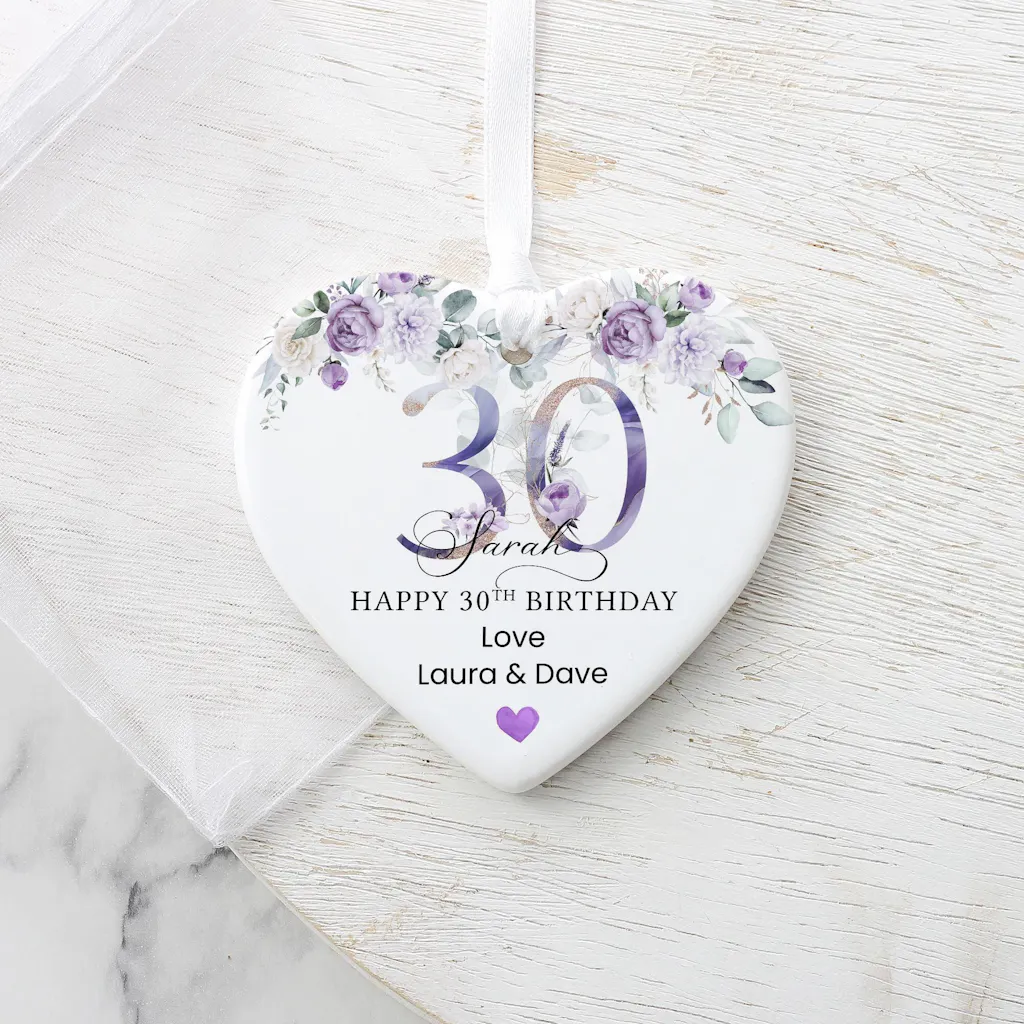 Personalised Purple Floral Happy 30th Birthday Heart Ceramic Keepsake