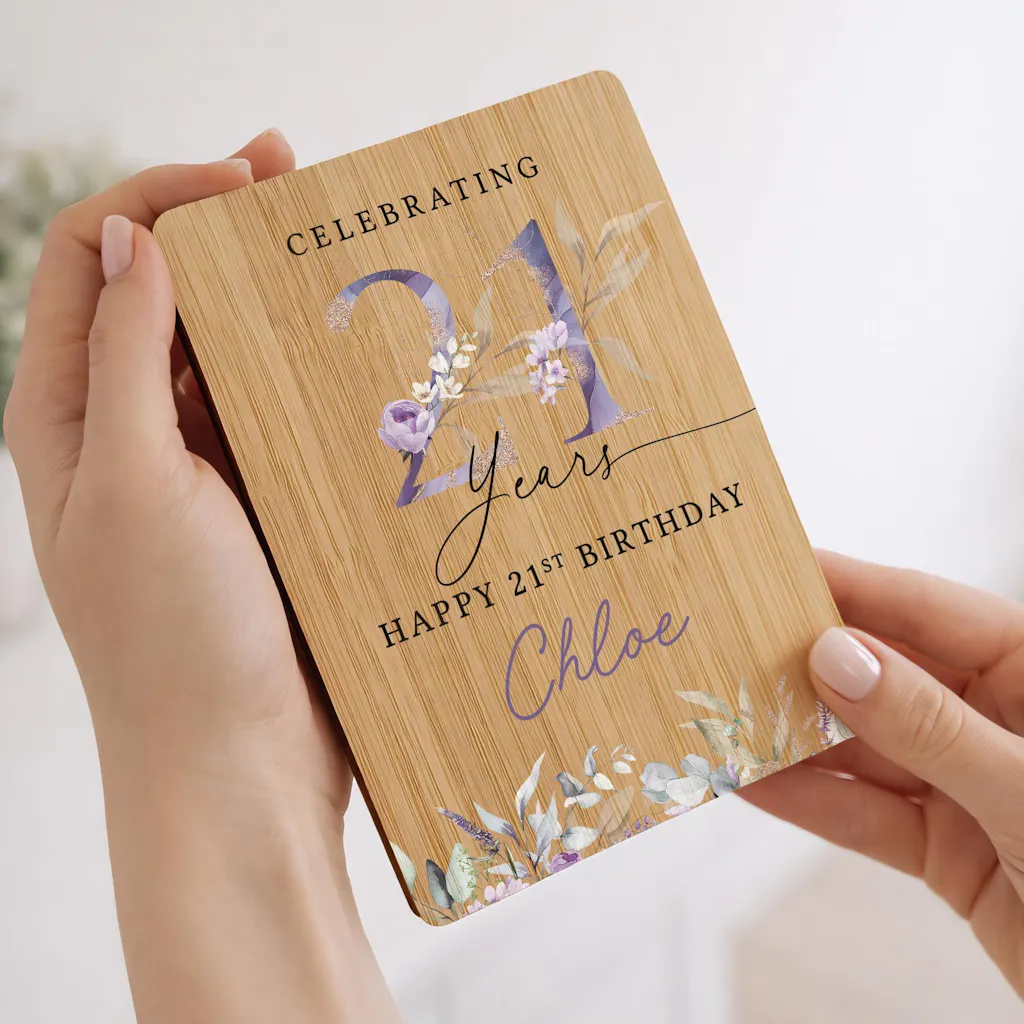 Personalised Purple Flower Lavender 21st Birthday Keepsake Card Bamboo Wood