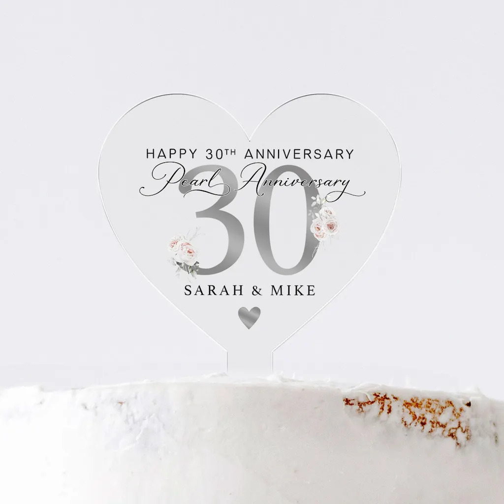 Personalised Big 30th Anniversary Heart Cake Topper - Pearl Anniversary