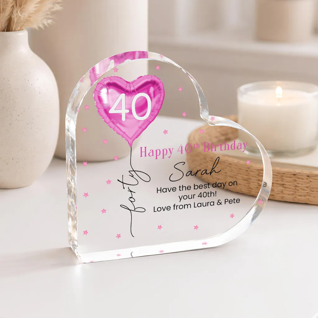 Personalised Pink Balloon 40th Birthday Gift Message Heart Plaque for Her