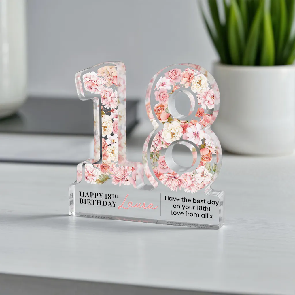 Personalised 18th Birthday Freestanding Baby Pink Rose Flower Polished Acrylic Frame Gift Plaque