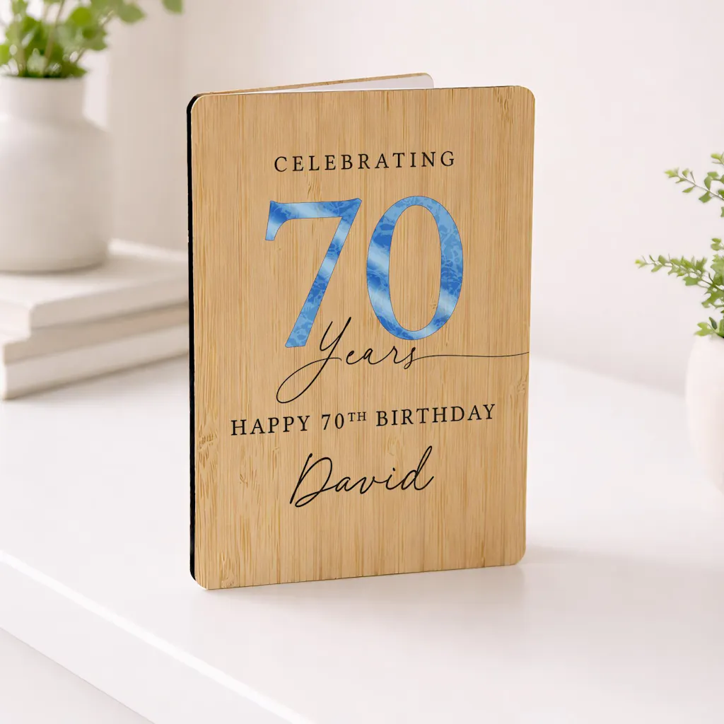 Personalised Blue Theme 70th Birthday Keepsake Card Made From Wood
