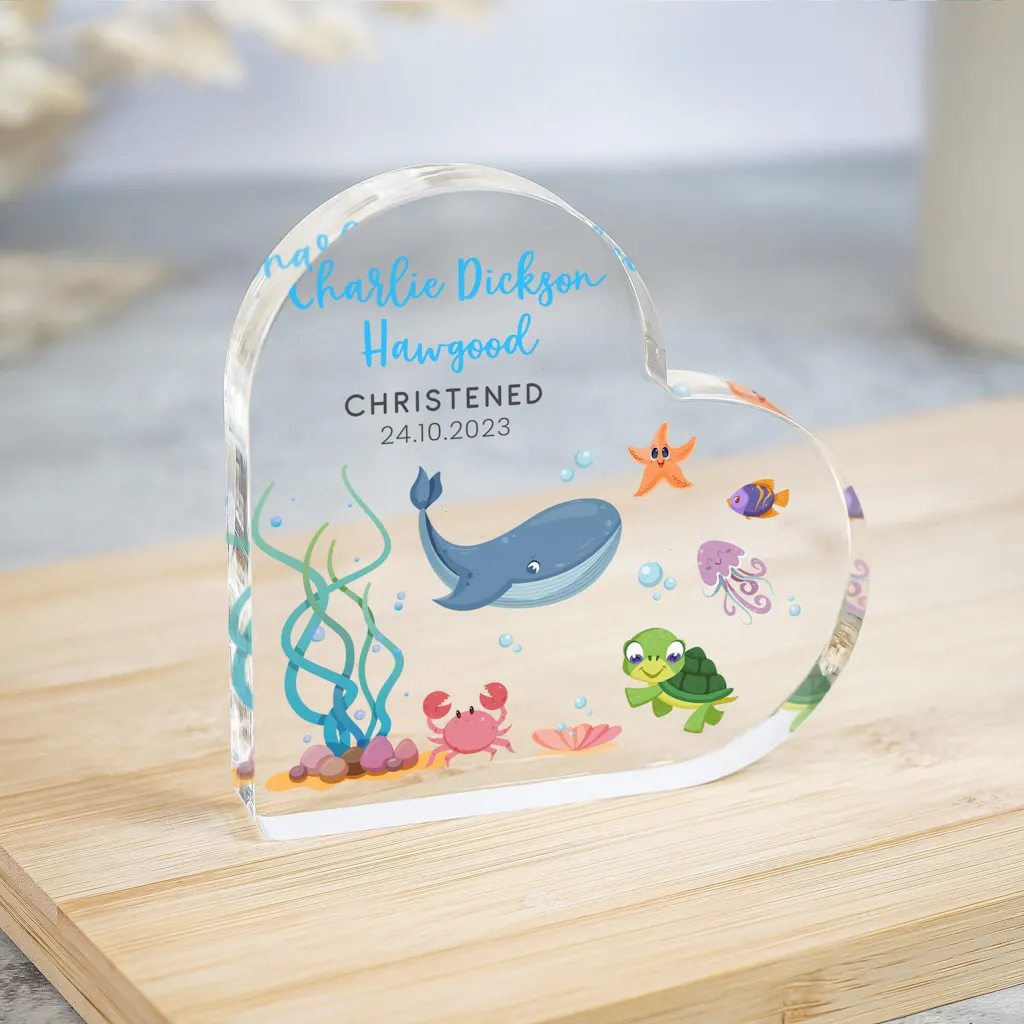 Personalised Beach Themed Christening Sealife Animals Heart Plaque Gift