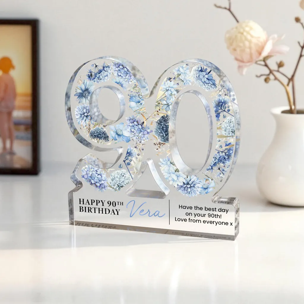 Personalised Happy 90th Birthday Gift Plaque Blue Floral