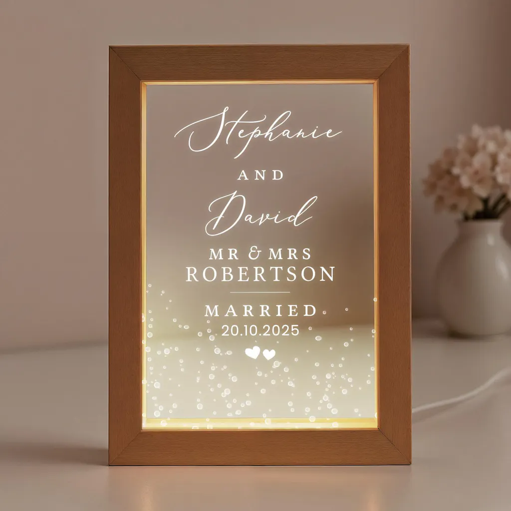 Personalised LED Wedding Table Light Frame - Couple Names and Date