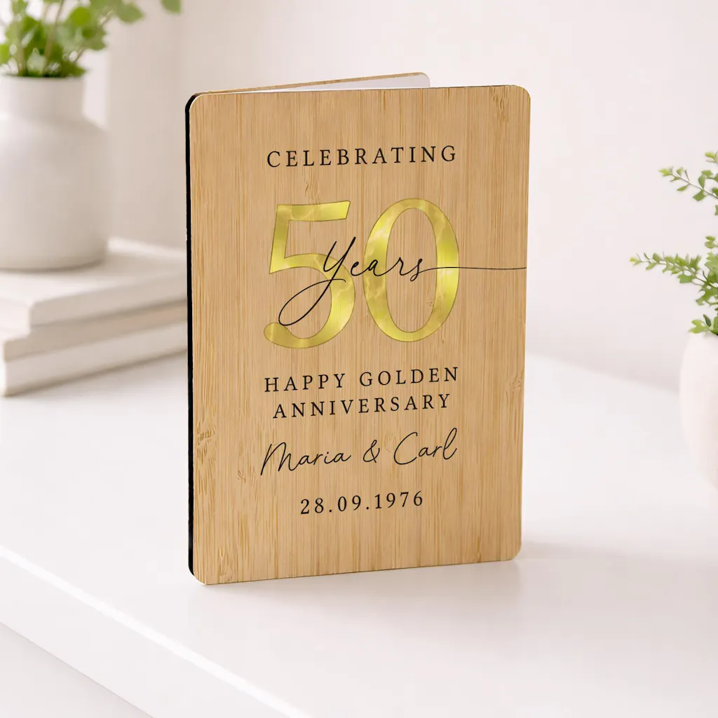 Personalised Golden 50th Anniversary Card Wooden Bamboo Keepsake