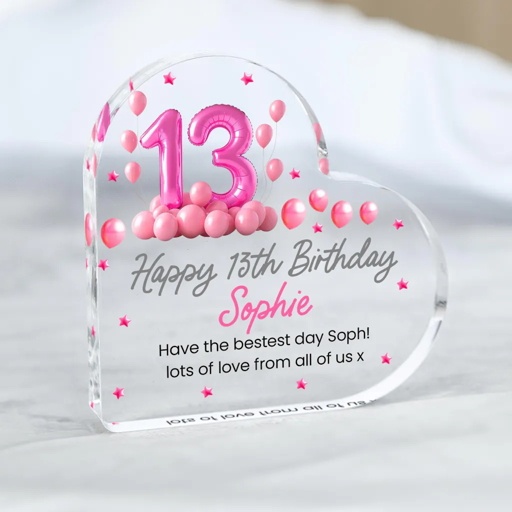 Personalised Pink Balloon Happy 13th Birthday Heart Gift Plaque