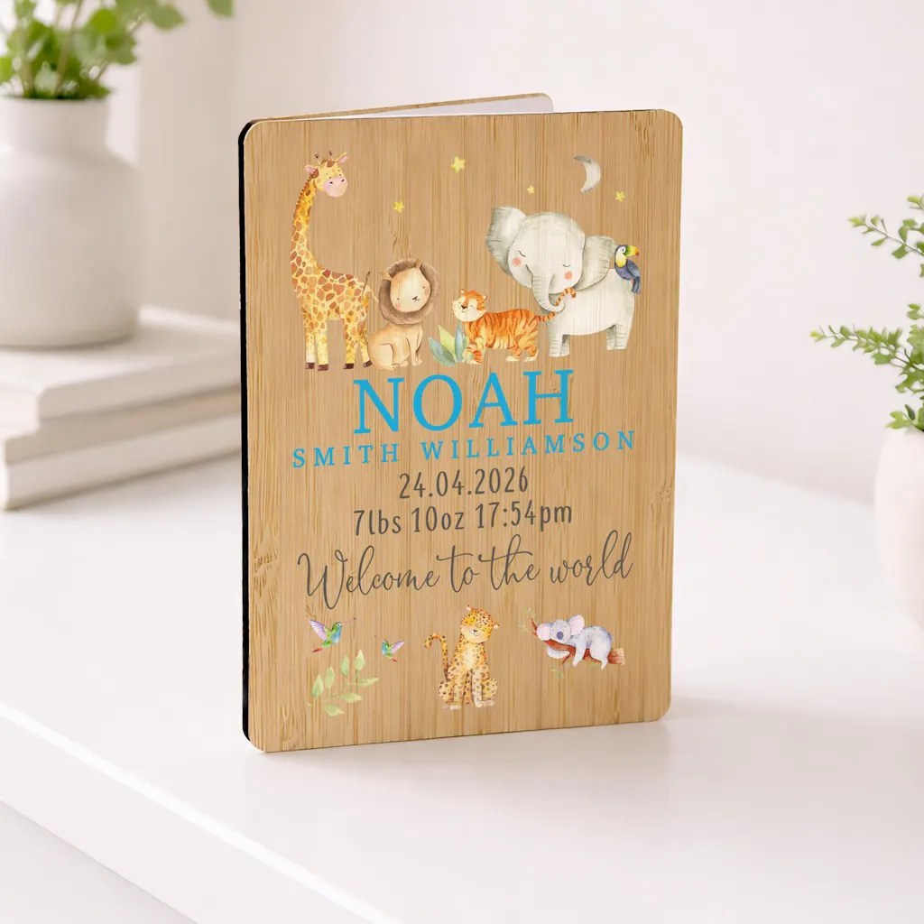 Personalised Safari Animals New Baby Keepsake Wooden Card