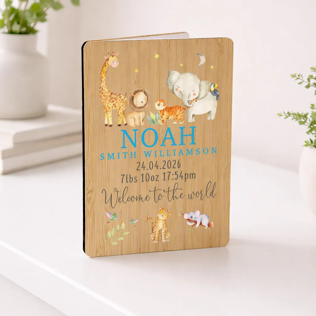 Personalised Safari Animals New Baby Keepsake Wooden Card