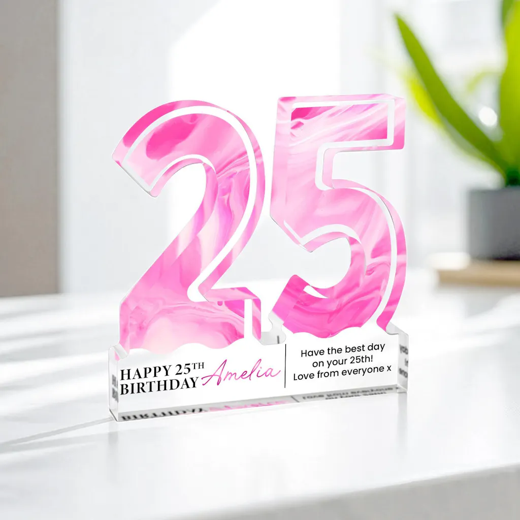 Personalised Pink Wave Retro Themed 25th Birthday Gift Plaque for Her