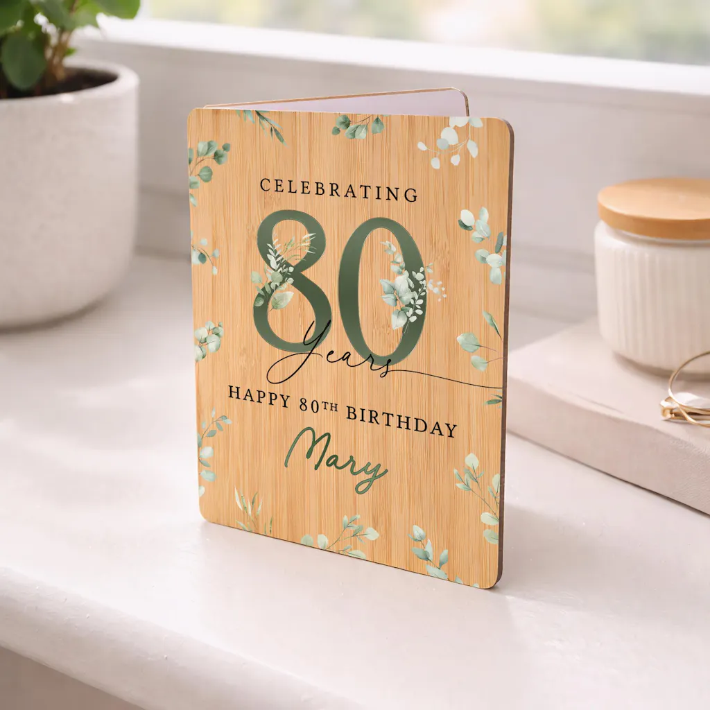 Personalised Green Floral 80th Birthday Card Wooden Keepsake