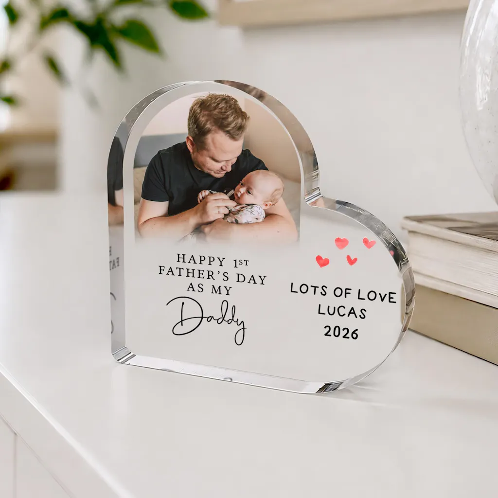 Personalised Happy 1st Father's Day Acrylic Heart Photo Frame