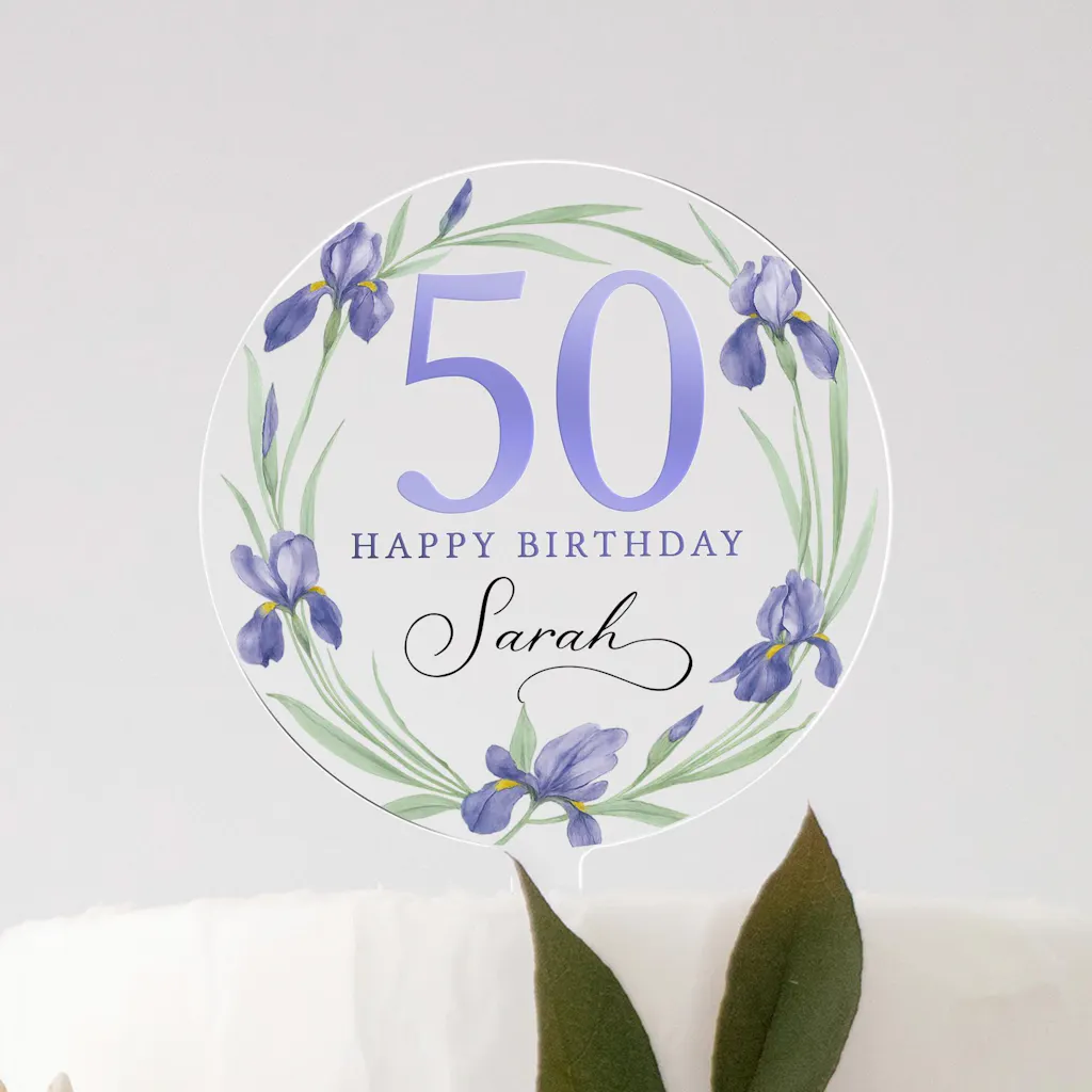 Personalised Purple Floral Happy Birthday Cake Topper - 18th 21st 30th 40th 50th 60th 70th