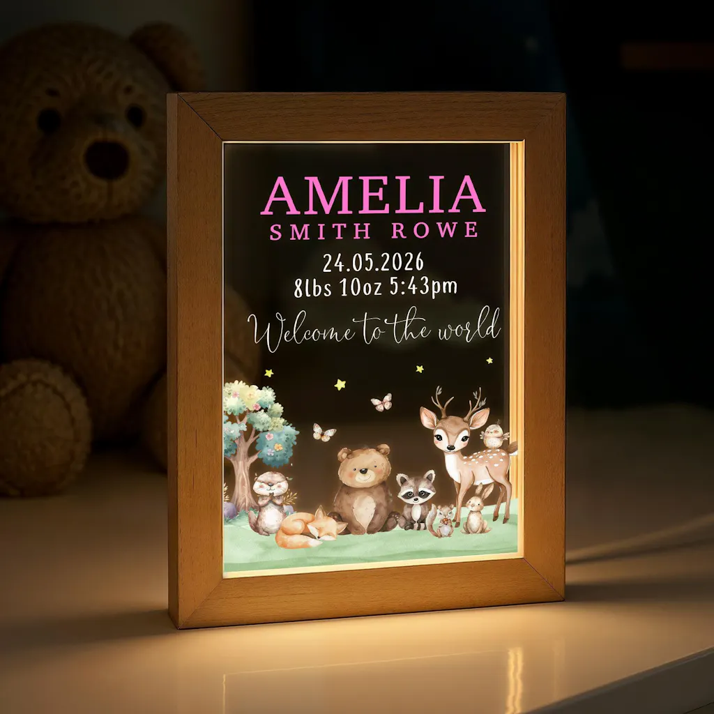 Personalised Forest Woodland Animals New Baby Night Light Frame