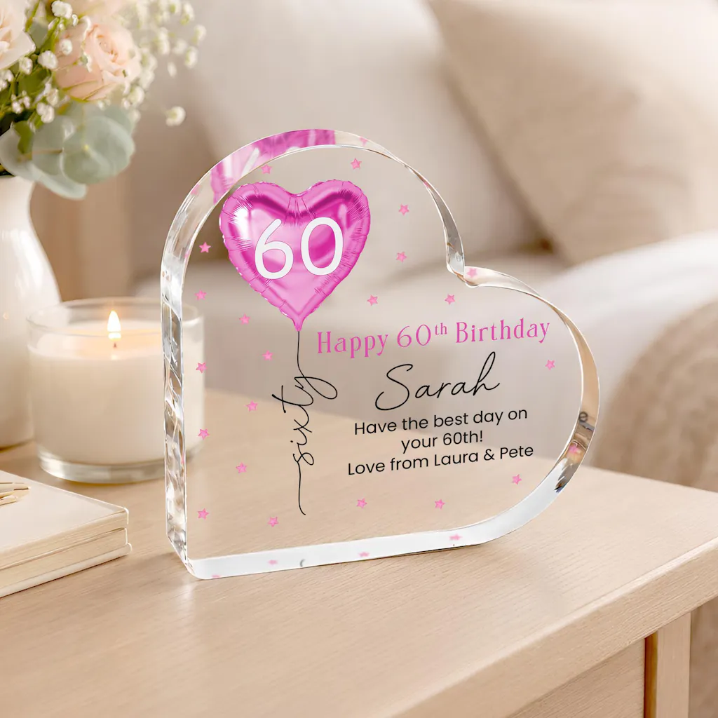 Personalised Pink Balloon 60th Birthday Gift Message Heart Plaque for Her