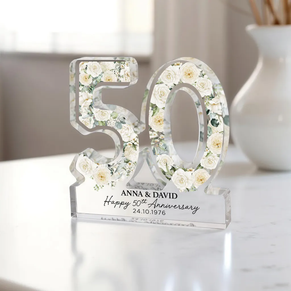 Personalised 50th Anniversary Gift White Rose Flower Print Gift Plaque Block