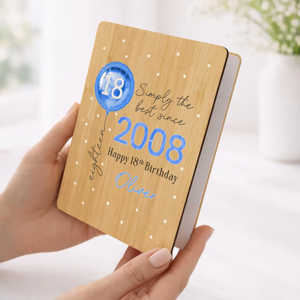 Personalised Blue Balloon Happy 18th Birthday Card Wooden Keepsake