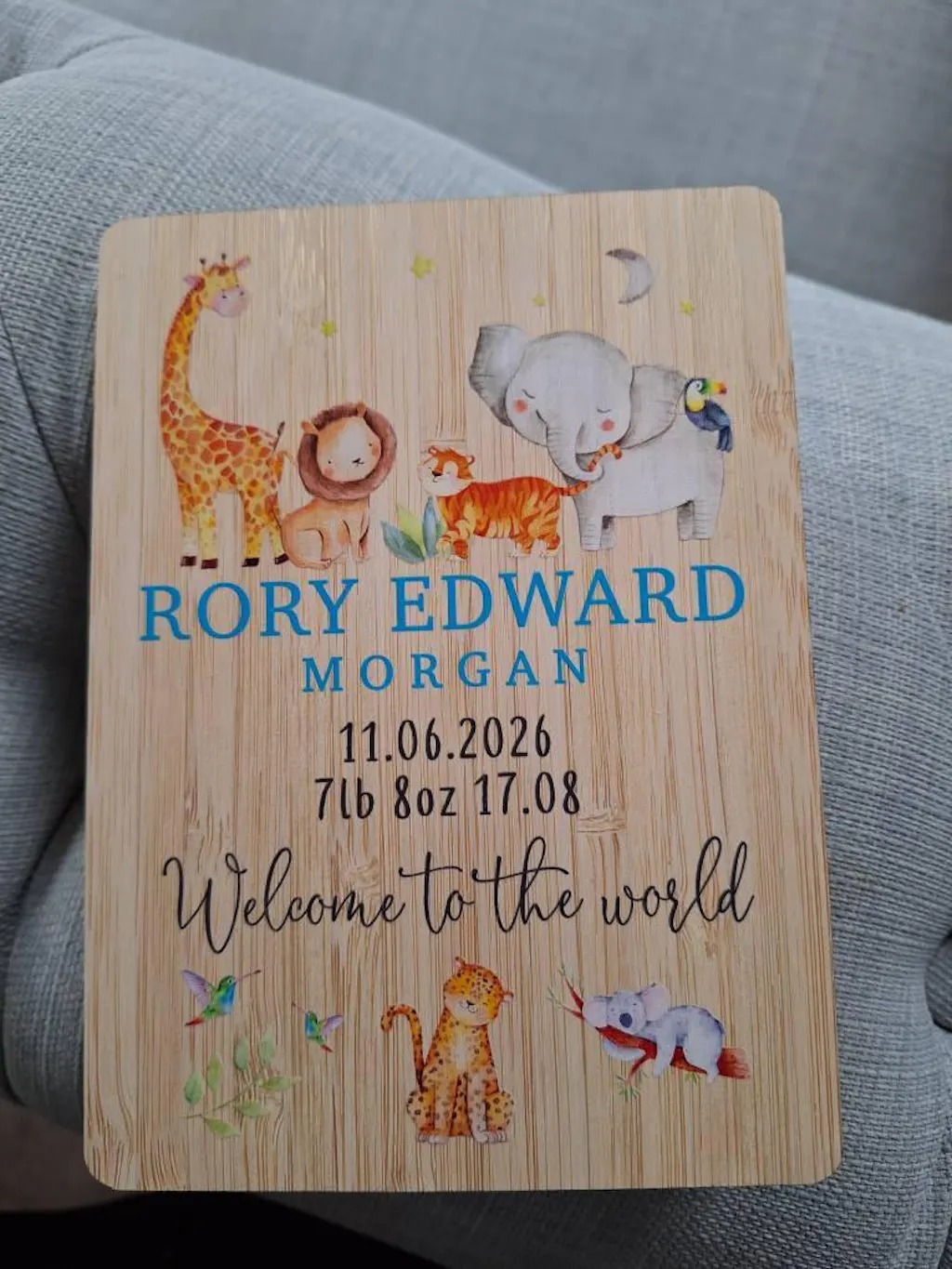 Personalised Safari Animals New Baby Keepsake Wooden Card