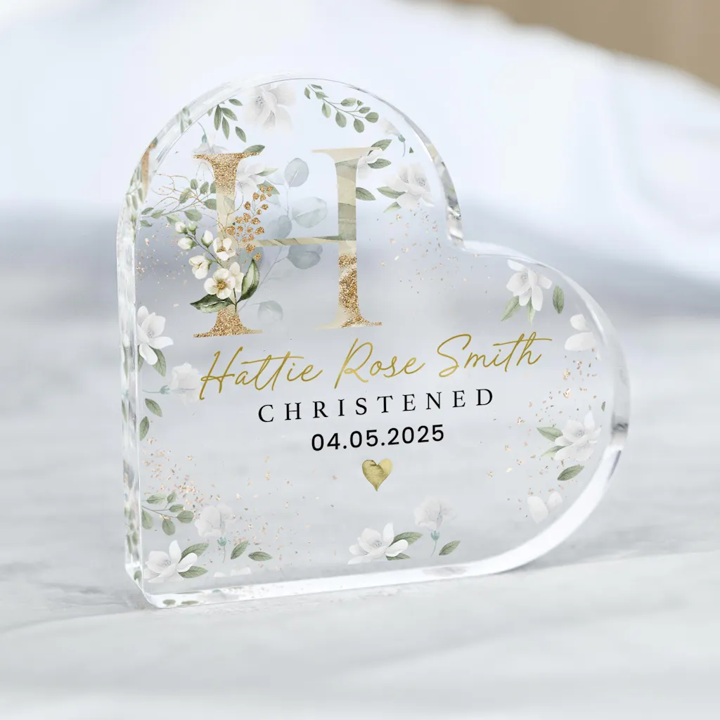 Personalised Gold Floral Christening Baptism Heart Plaque