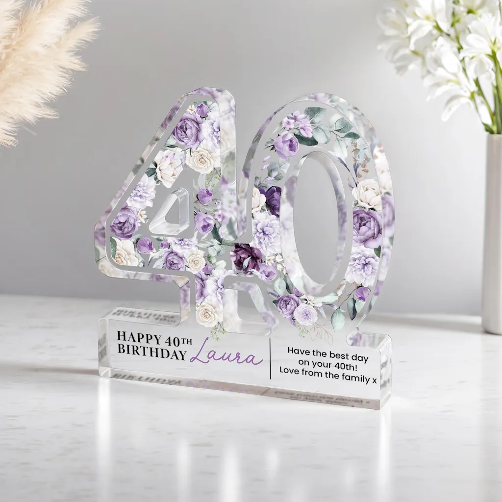 Personalised Floral Lavnder 40th Birthday Gift Plaque Block
