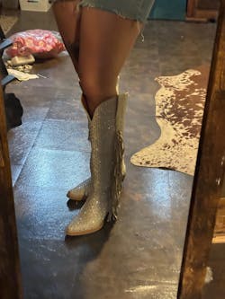 Brown Faux Suede Snip-Toe Half-Zip Fringe Rhinestone Knee High Tall Cowgirl Boots