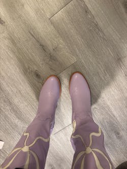 Pink Almond-Toe Wide Calf Western Boots Knee High Tall Boots With White Bowknot Inlay