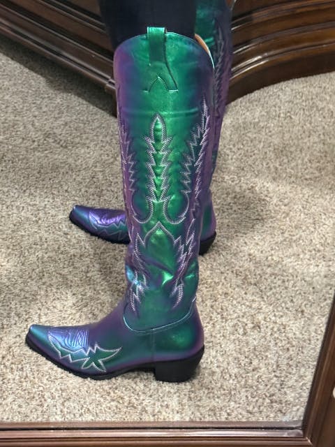Metallic Iridescent Purple Embroidery Snip-Toe Half-Zip Western Knee High Boots Cowgirl Tall Boots