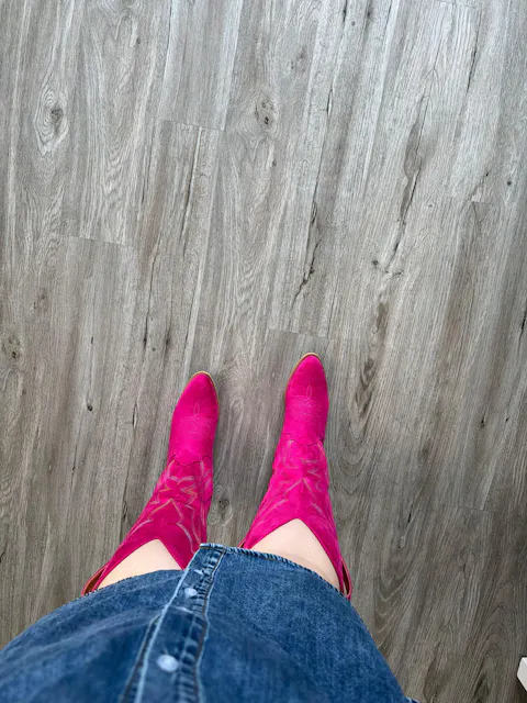 Hot Pink Faux Suede Embroidery Almond-Toe Wide Mid Calf Cowboy Tall Boots For Women