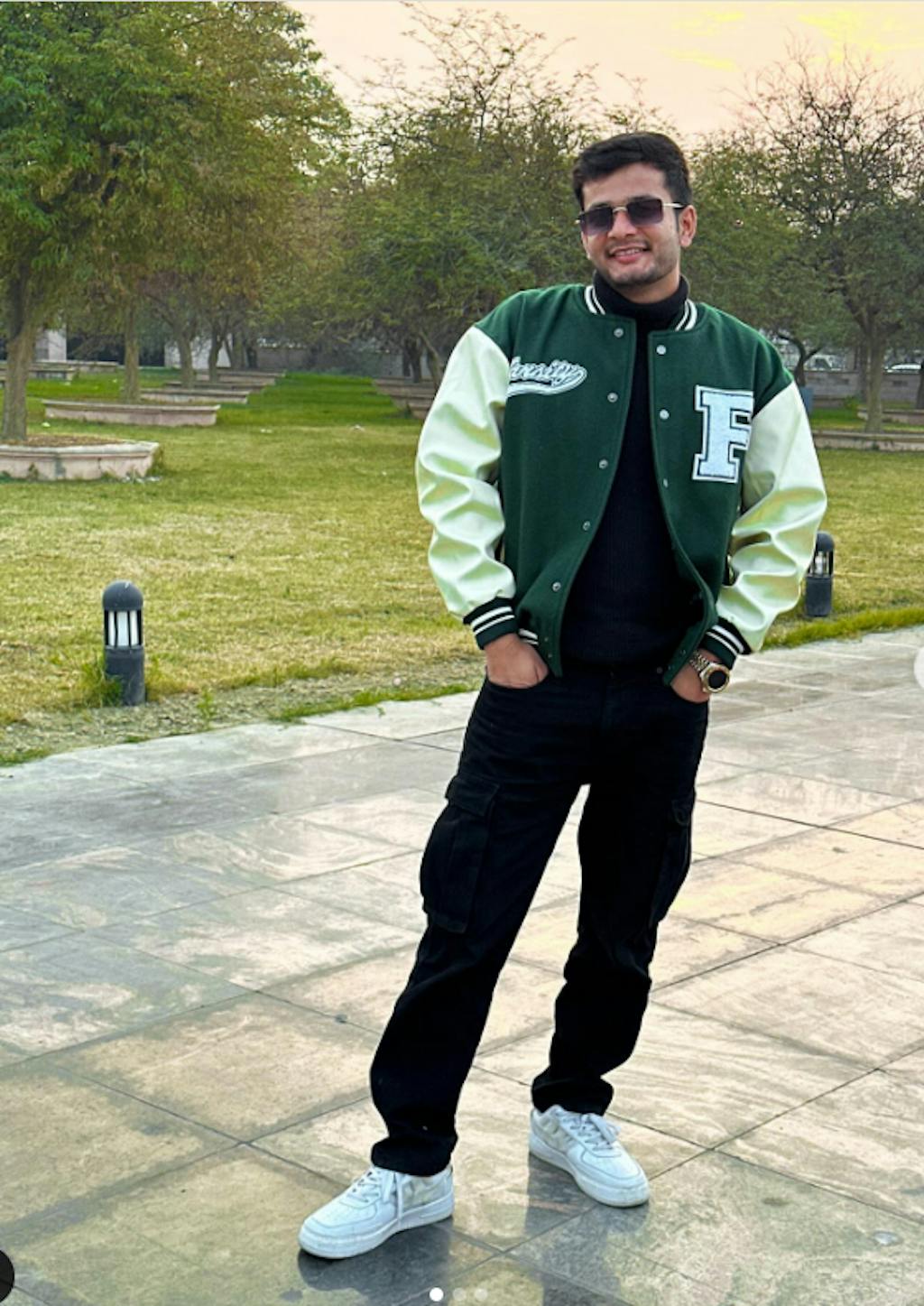 Green Woollen Faux Leather Sleeves Letterman Varsity Jacket Fugazee