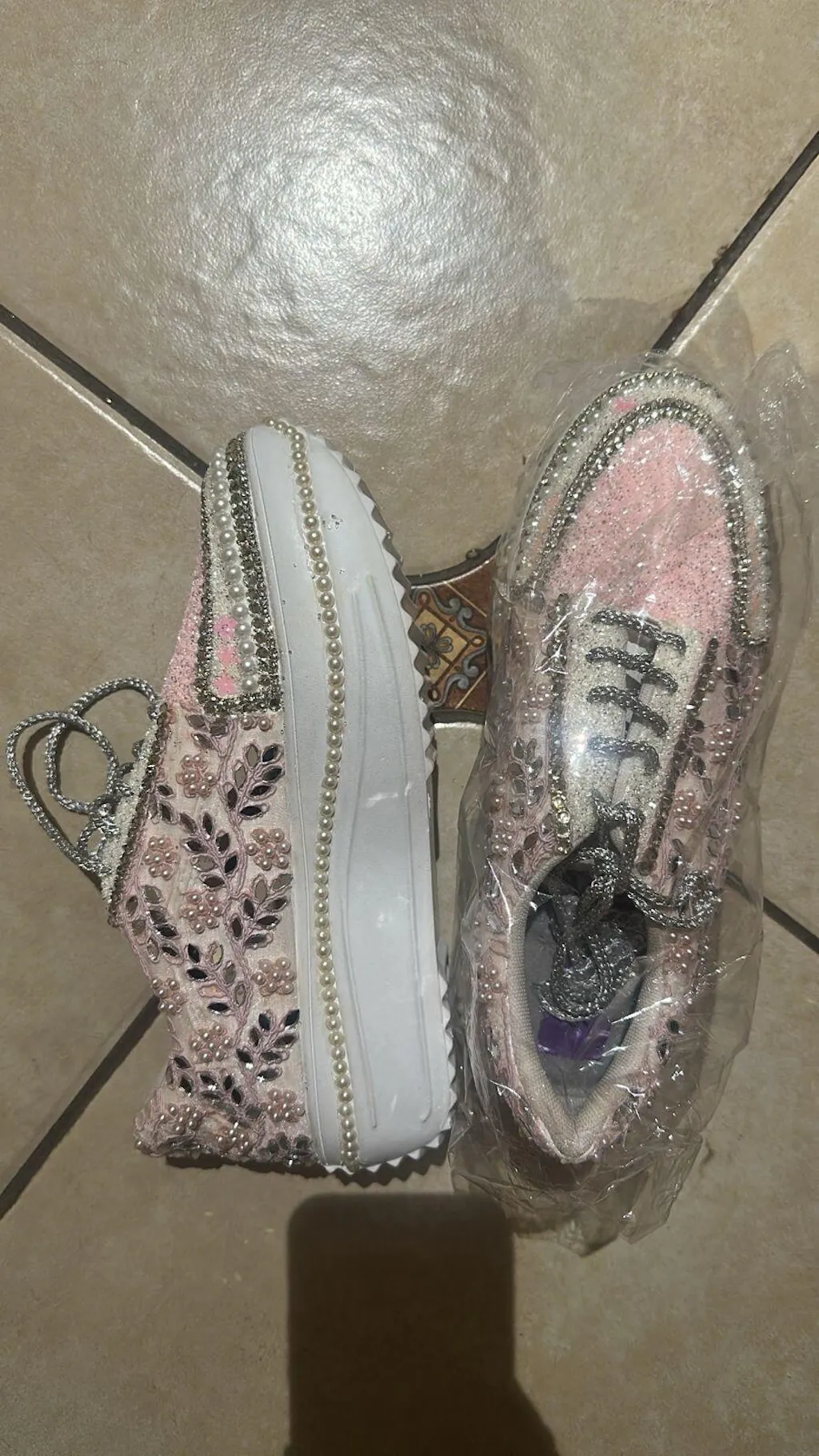 FUNKY N TRENDY floral theme hand work sneakers for brides / bridesmaids/ pink sneakers / mirror sneakers / pink shoes / pink and silver sneakers